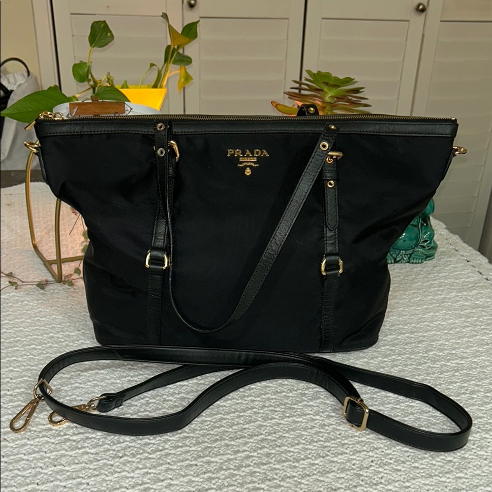 Prada Black Nylon Large Tote Bag with Leather Trim & Strap